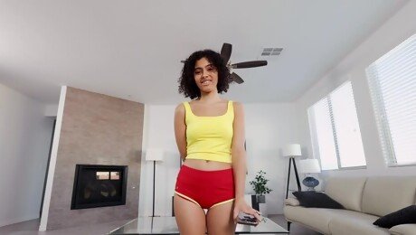 POV video of sexy curly haired Dani Diaz giving head and riding